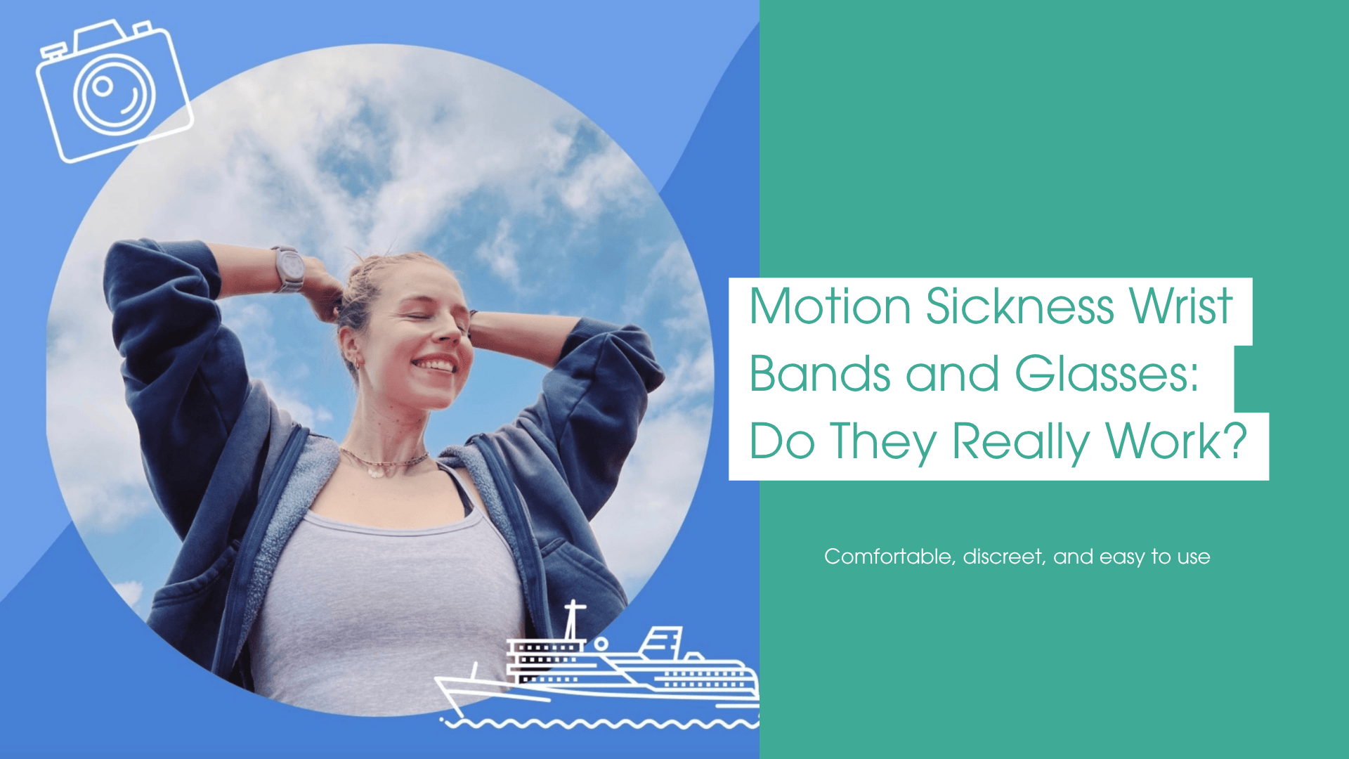 Smiling woman outdoors wearing a Reliefband anti-nausea wristband, promoting “Motion Sickness Wrist Bands and Glasses: Do They Really Work?” with travel-themed icons.